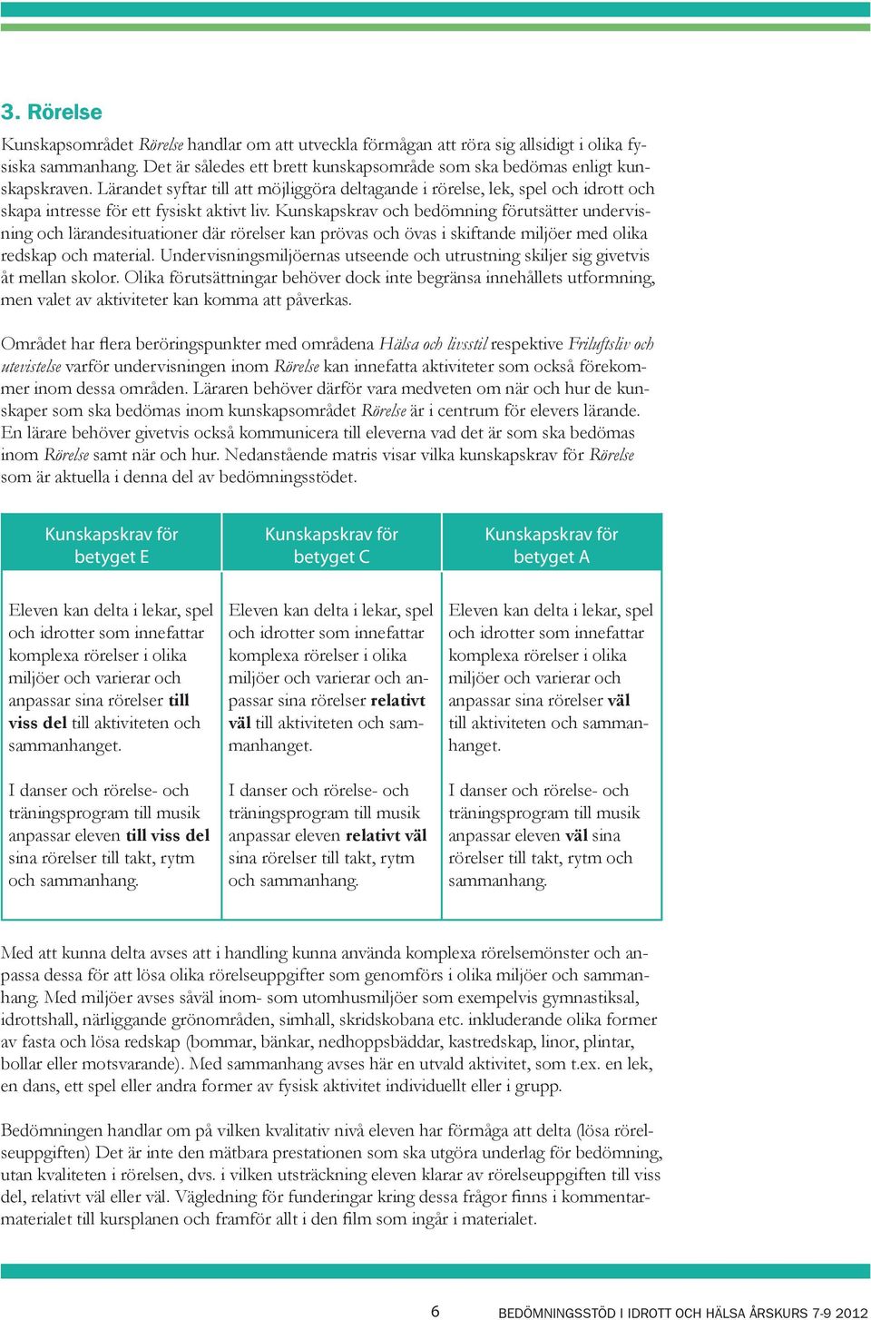 Kunskapskrav och bedömning förutsätter undervisning och lärandesituationer där rörelser kan prövas och övas i skiftande miljöer med olika redskap och material.