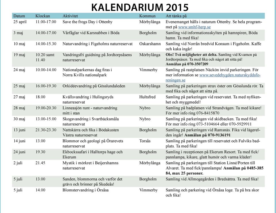 40 Vandringsfri guidning på Jordtorpsåsens 24 maj 10.00-14.00 Nationalparkernas dag firas i Norra Kvills nationalpark KALENDARIUM 2015 Mörbylånga Vimmerby Obs! Två möjligheter att delta.