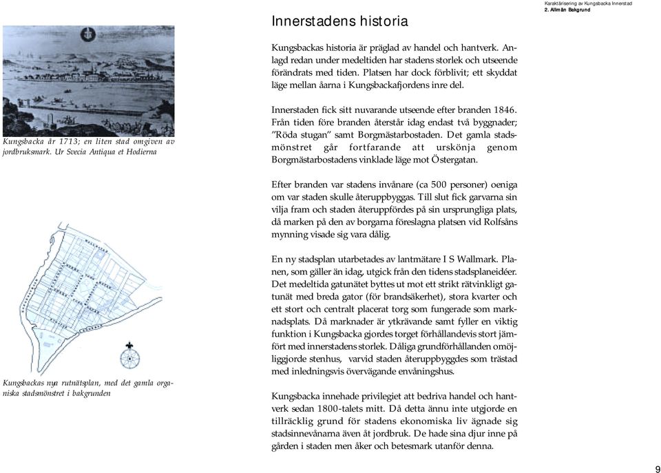 Kungsbacka år 1713; en liten stad omgiven av jordbruksmark. Ur Svecia Antiqua et Hodierna Innerstaden fick sitt nuvarande utseende efter branden 1846.