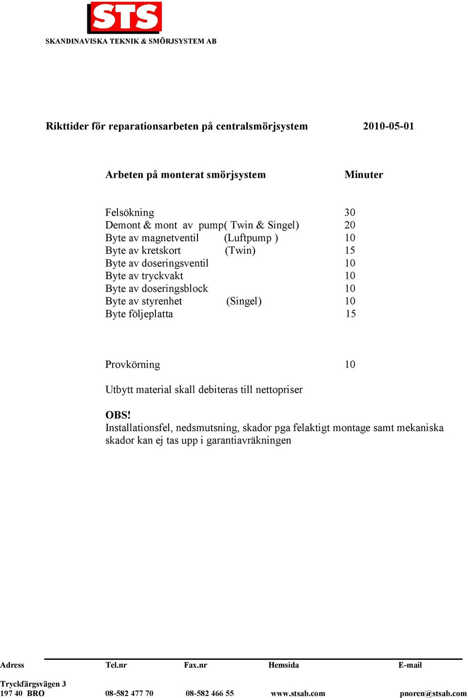 tryckvakt 10 Byte av doseringsblock 10 Byte av styrenhet (Singel) 10 Byte följeplatta 15 Provkörning 10 Utbytt material skall