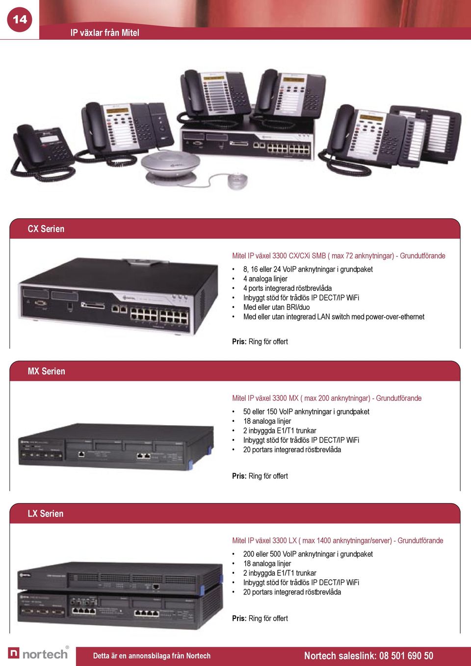 3300 MX ( max 200 anknytningar) - Grundutförande 50 eller 150 VoIP anknytningar i grundpaket 18 analoga linjer 2 inbyggda E1/T1 trunkar Inbyggt stöd för trådlös IP DECT/IP WiFi 20 portars integrerad
