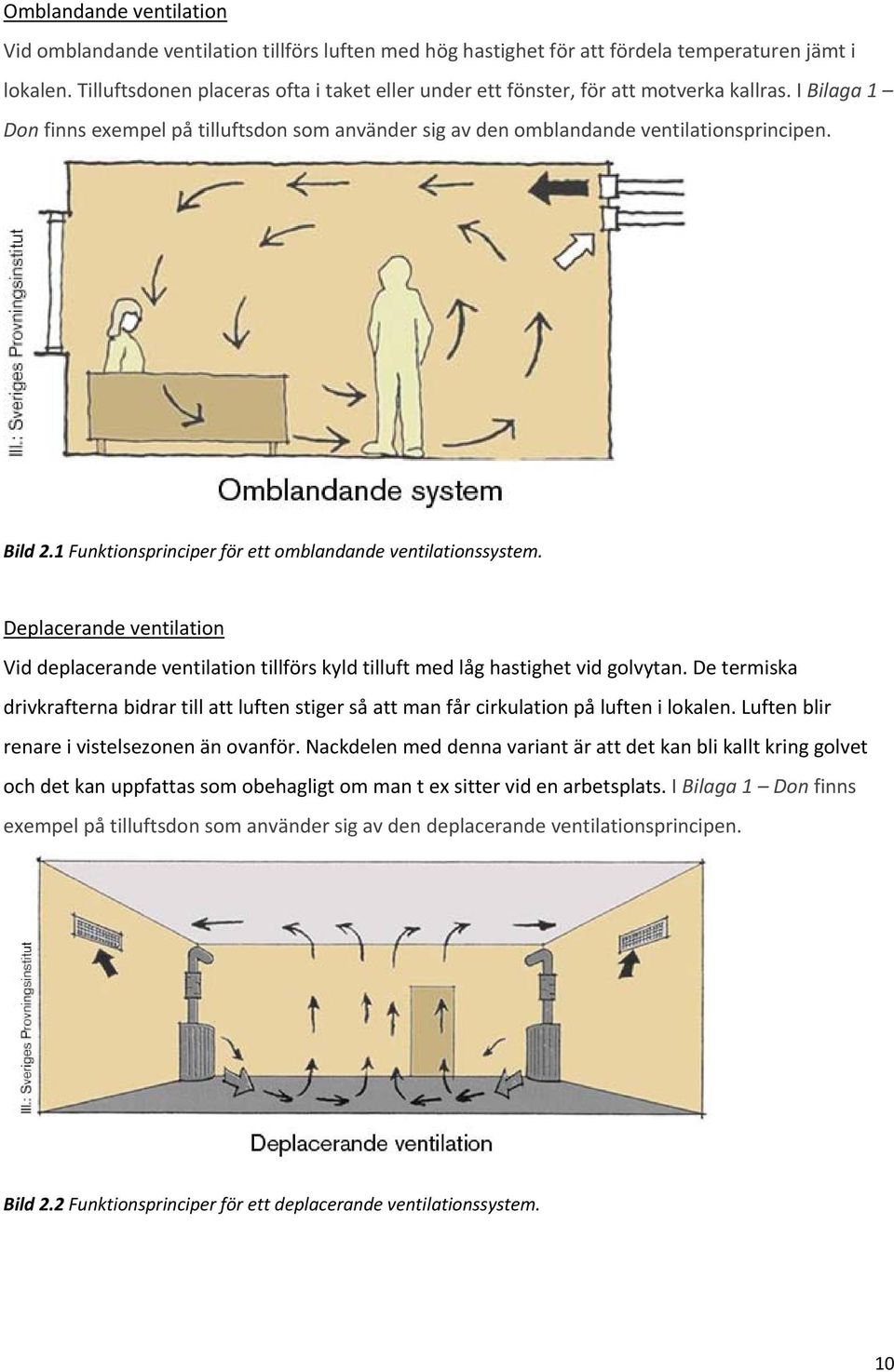 1 Funktionsprinciper för ett omblandande ventilationssystem. Deplacerande ventilation Vid deplacerande ventilation tillförs kyld tilluft med låg hastighet vid golvytan.