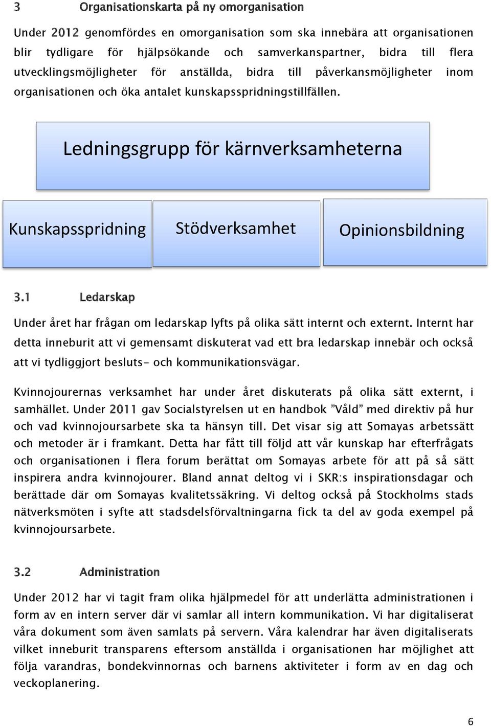 Ledningsgrupp för kärnverksamheterna Kunskapsspridning Stödverksamhet Opinionsbildning 3.1 Ledarskap Under året har frågan om ledarskap lyfts på olika sätt internt och externt.