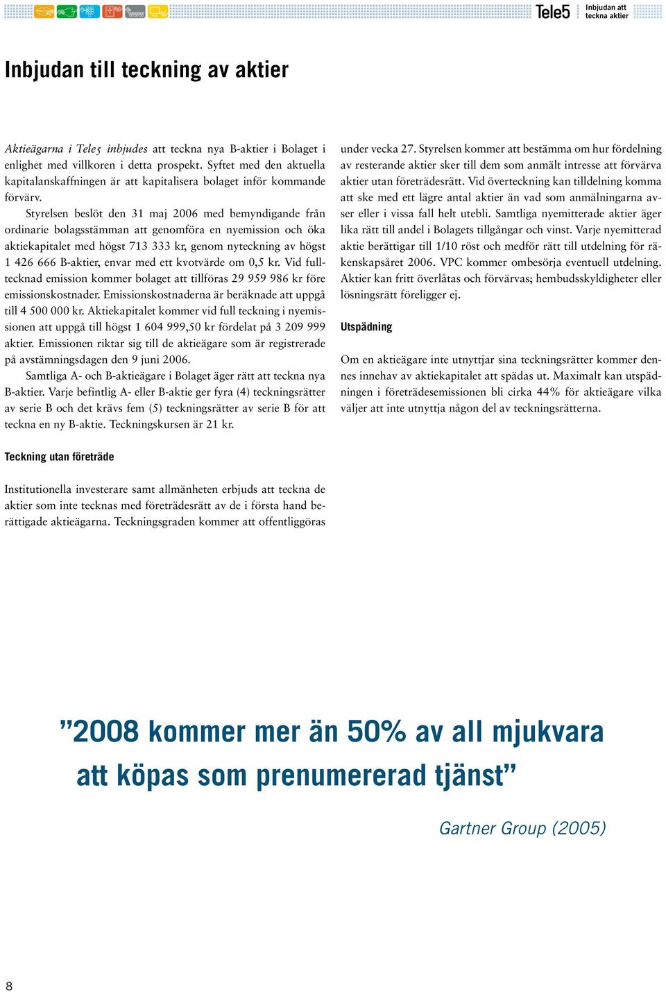 Styrelsen beslöt den 31 maj 2006 med bemyndigande från ordinarie bolagsstämman att genomföra en nyemission och öka aktiekapitalet med högst 713 333 kr, genom nyteckning av högst 1 426 666 Baktier,