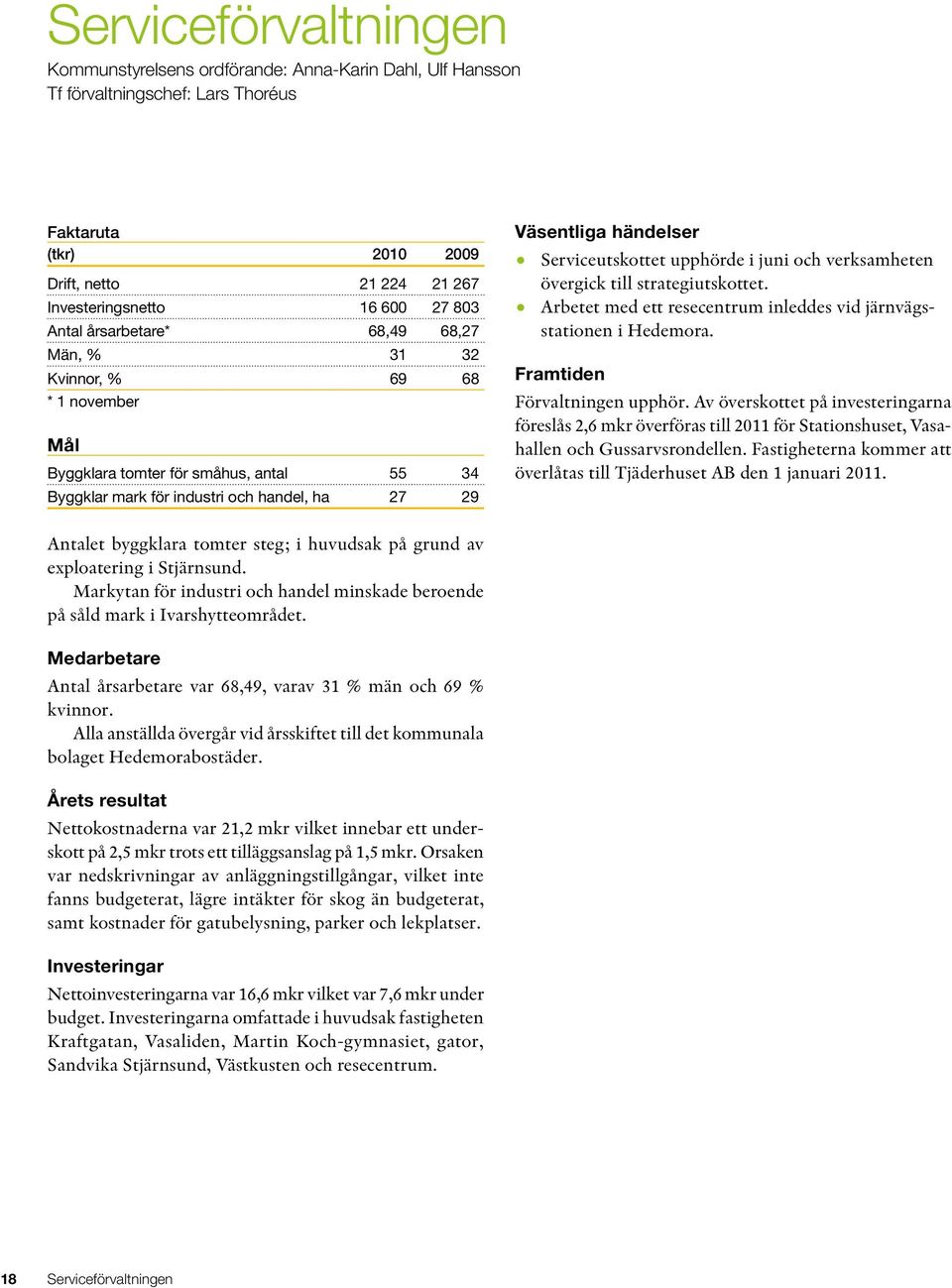 Serviceutskottet upphörde i juni och verksamheten övergick till strategiutskottet. y Arbetet med ett resecentrum inleddes vid järnvägsstationen i Hedemora. Framtiden Förvaltningen upphör.