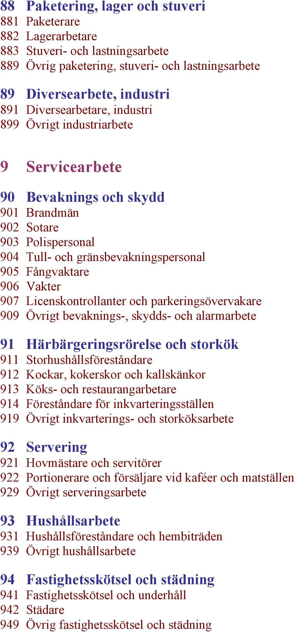 Licenskontrollanter och parkeringsövervakare 909 Övrigt bevaknings-, skydds- och alarmarbete 91 Härbärgeringsrörelse och storkök 911 Storhushållsföreståndare 912 Kockar, kokerskor och kallskänkor 913