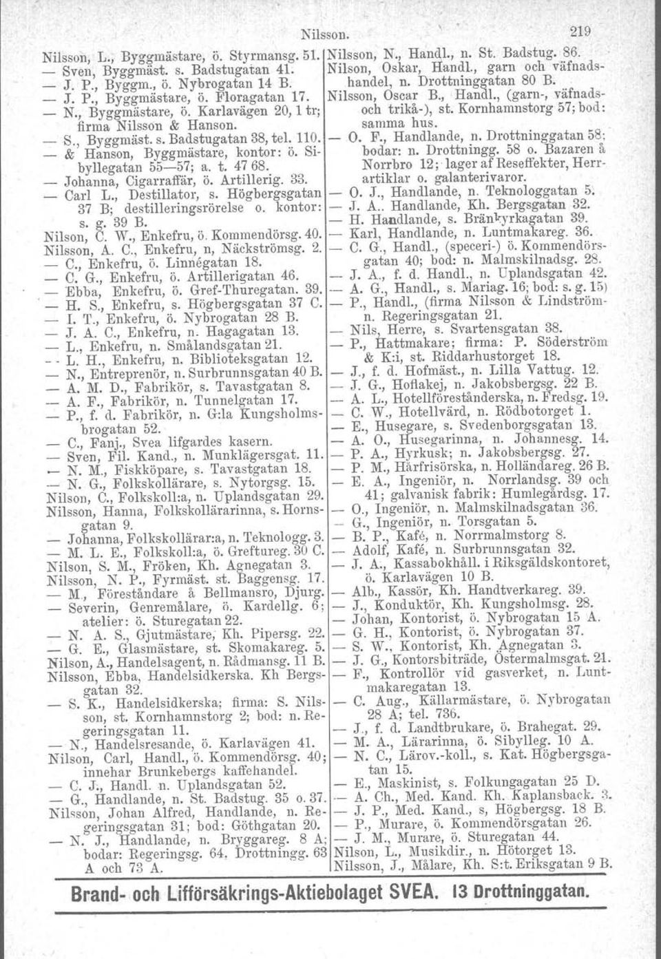 Kornhamnstorg 57; bod: firma Nilsson & Hanson. samma hus. _ S., Byggmäst. s. Badstugatan 38, tel. 110. O. F., Handlande, n. Drottninggatan 58; _ & Hanson, Byggmästare, kontor: ö. Si bodar: n.