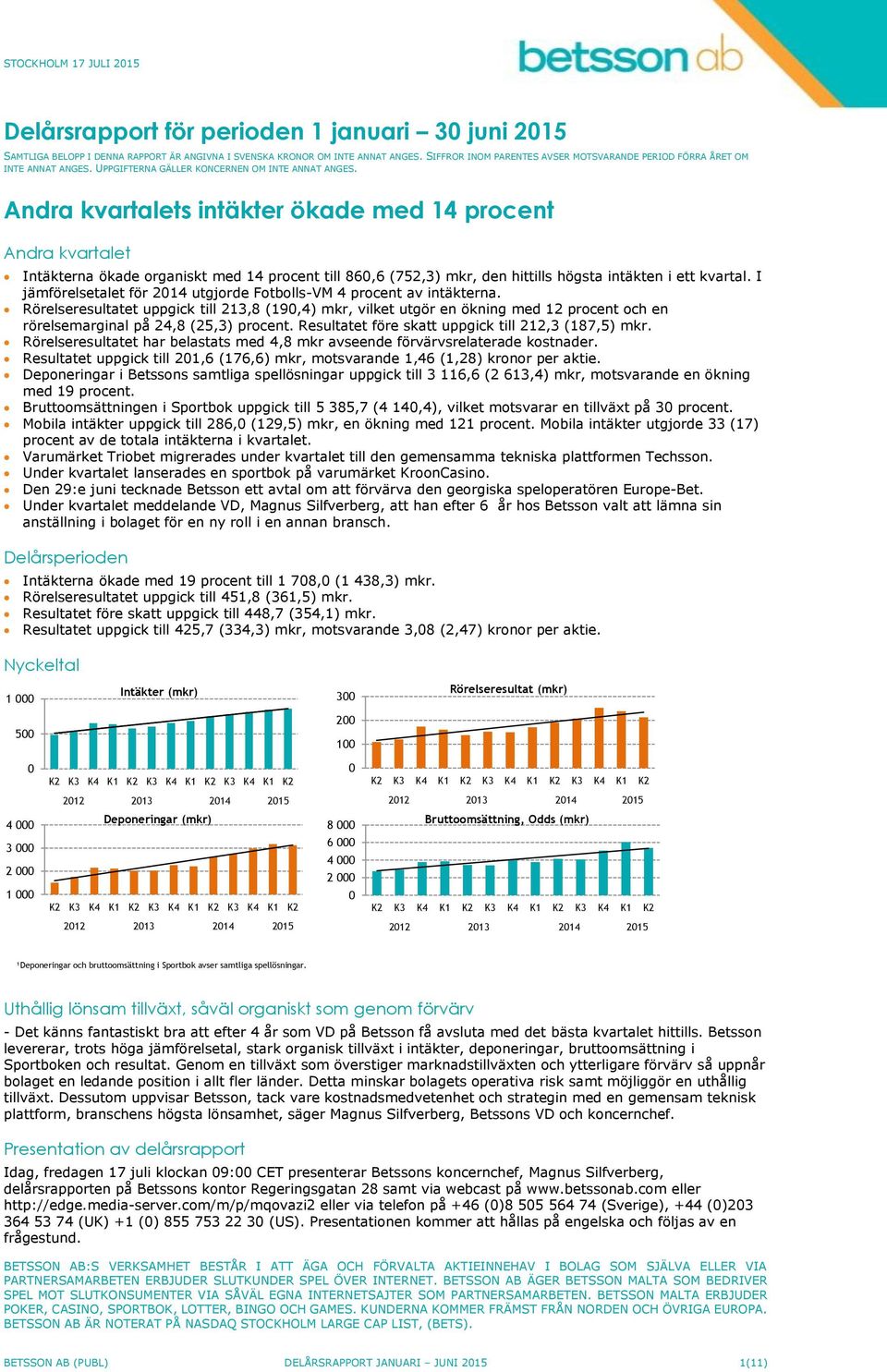 Andra kvartalets intäkter ökade med 14 procent Andra kvartalet Intäkterna ökade organiskt med 14 procent till 860,6 (752,3) mkr, den hittills högsta intäkten i ett kvartal.