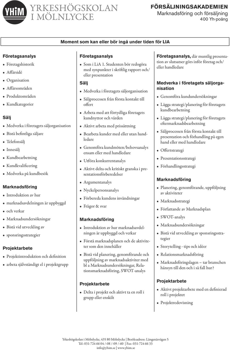 Bistå vid utveckling av sponsringsstrategier Projektarbete Projektintroduktion och definition arbeta självständigt el i projektgrupp Företagsanalys Som i LiA 1.