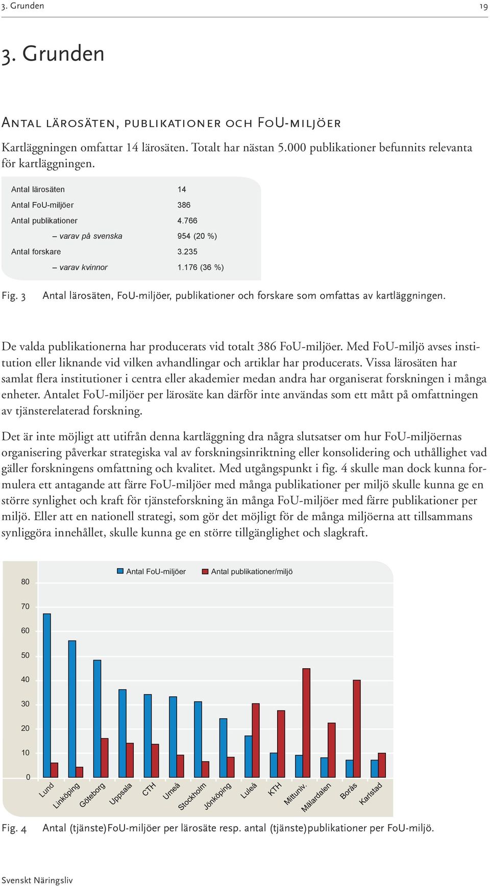 3 Antal lärosäten, FoU-miljöer, publikationer och forskare som omfattas av kartläggningen. De valda publikationerna har producerats vid totalt 386 FoU-miljöer.