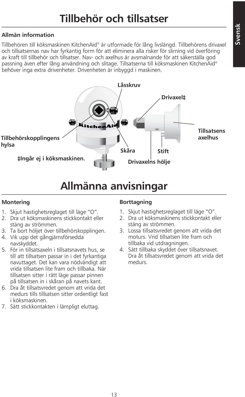 Nav- och axelhus är avsmalnande för att säkerställa god passning även efter lång användning och slitage. Tillsatserna till köksmaskinen KitchenAid behöver inga extra drivenheter.