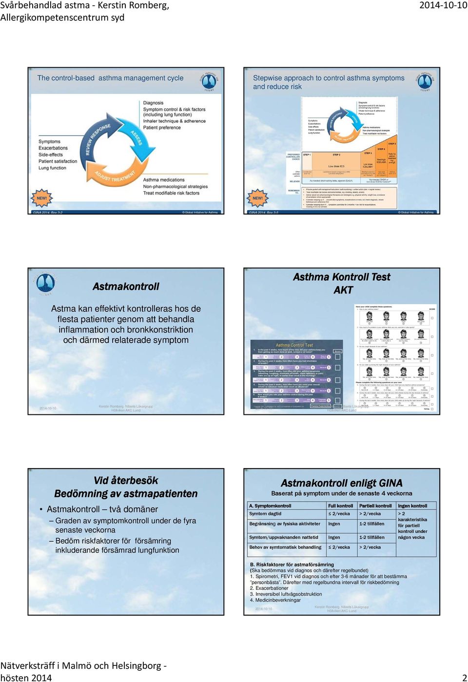 inflammation och bronkkonstriktion och därmed relaterade symptom Vid återbesök Bedömning av astmapatienten Astmakontroll två domäner Graden av symptomkontroll under de fyra senaste veckorna Bedöm