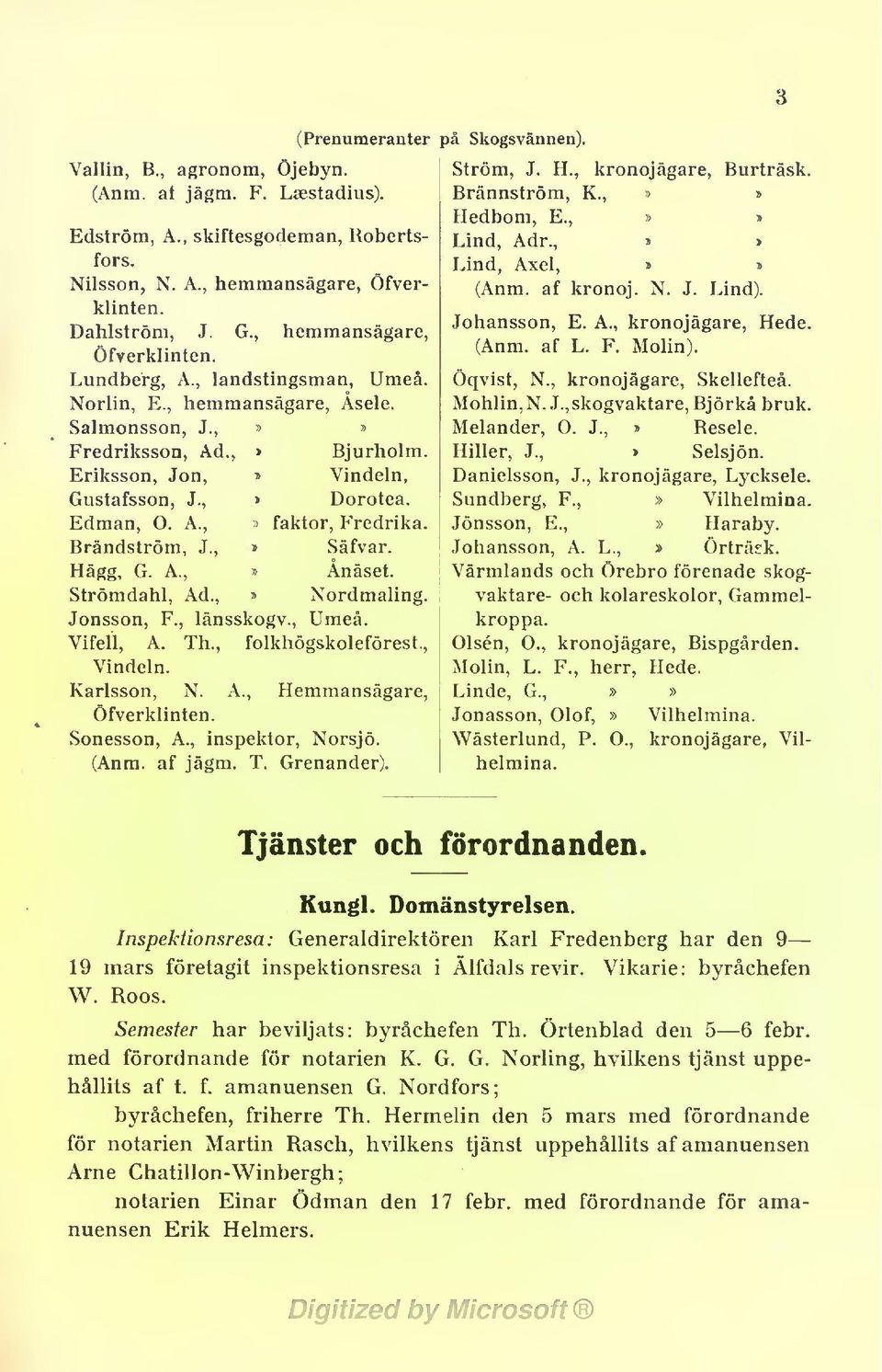 A., faktor, Fredrika. Brändström, J., Säfvar. Hägg, G. A., Ånäset. Strömdahl, Ad., Nordmaling. Jonsson, F., länsskogv., Umeå. Vifell, A. Th., folkhögskoleförest., Vindeln. Karlsson, N. A., Hemmansägare, Öfverklinten.