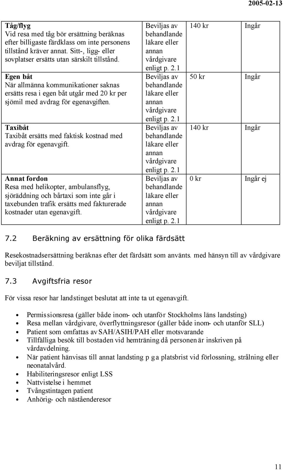 Annat fordon Resa med helikopter, ambulansflyg, sjöräddning och bårtaxi som inte går i taxebunden trafik ersätts med fakturerade kostnader utan egenavgift. enligt p. 2.