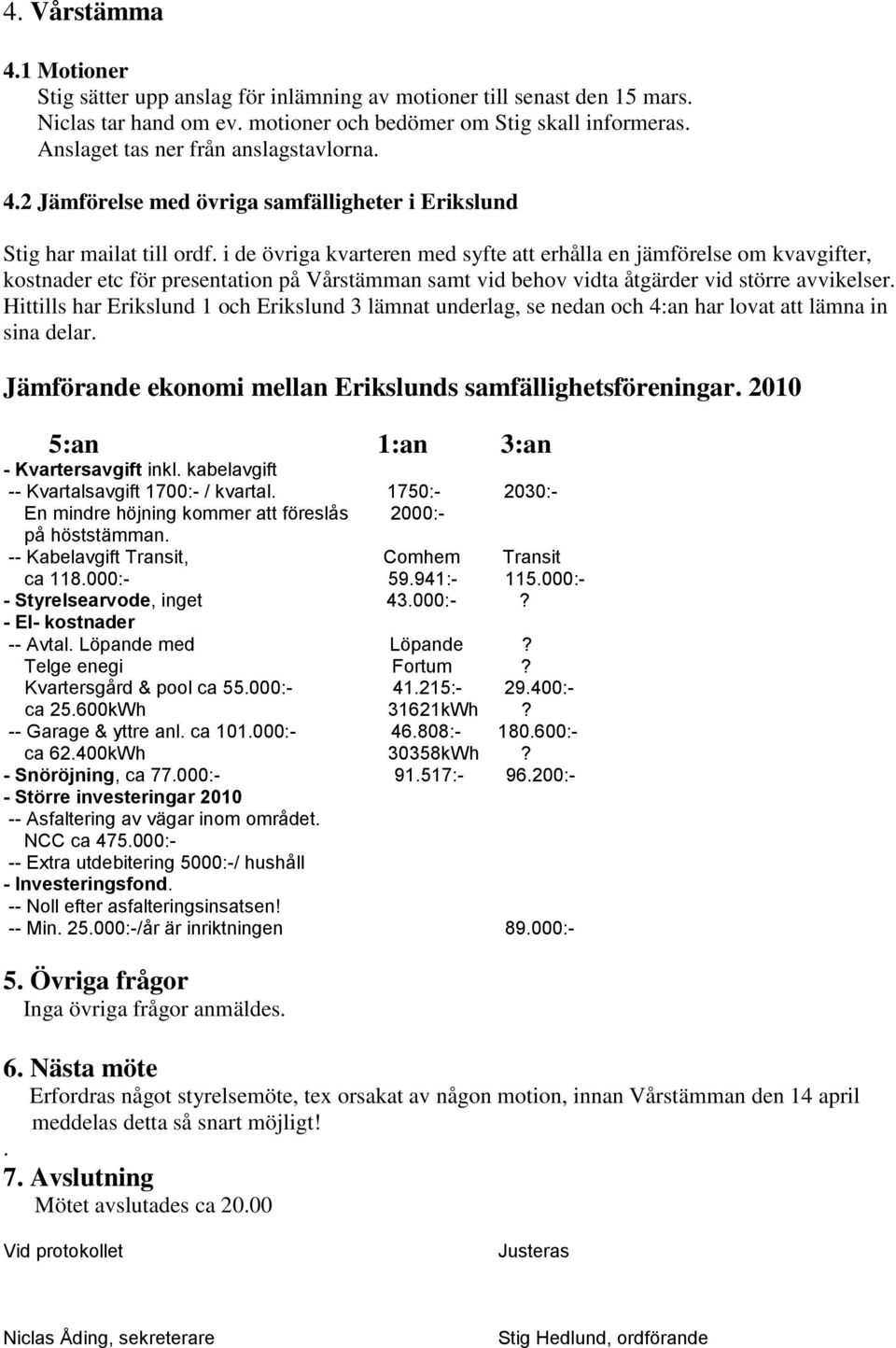 i de övriga kvarteren med syfte att erhålla en jämförelse om kvavgifter, kostnader etc för presentation på Vårstämman samt vid behov vidta åtgärder vid större avvikelser.