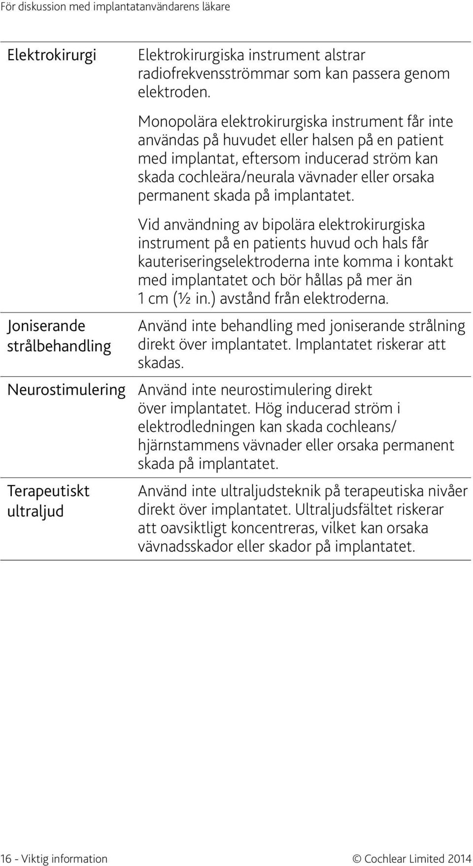 Monopolära elektrokirurgiska instrument får inte användas på huvudet eller halsen på en patient med implantat, eftersom inducerad ström kan skada cochleära/neurala vävnader eller orsaka permanent