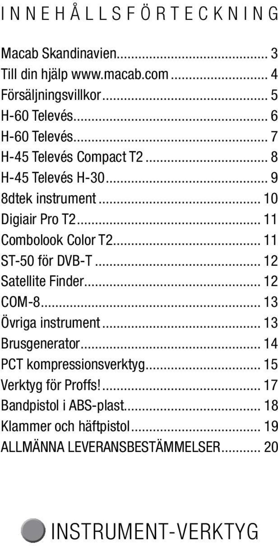 .. 11 ST-50 för DVB-T... 12 Satellite Finder... 12 COM-8... 13 Övriga instrument... 13 Brusgenerator... 14 PCT kompressionsverktyg.