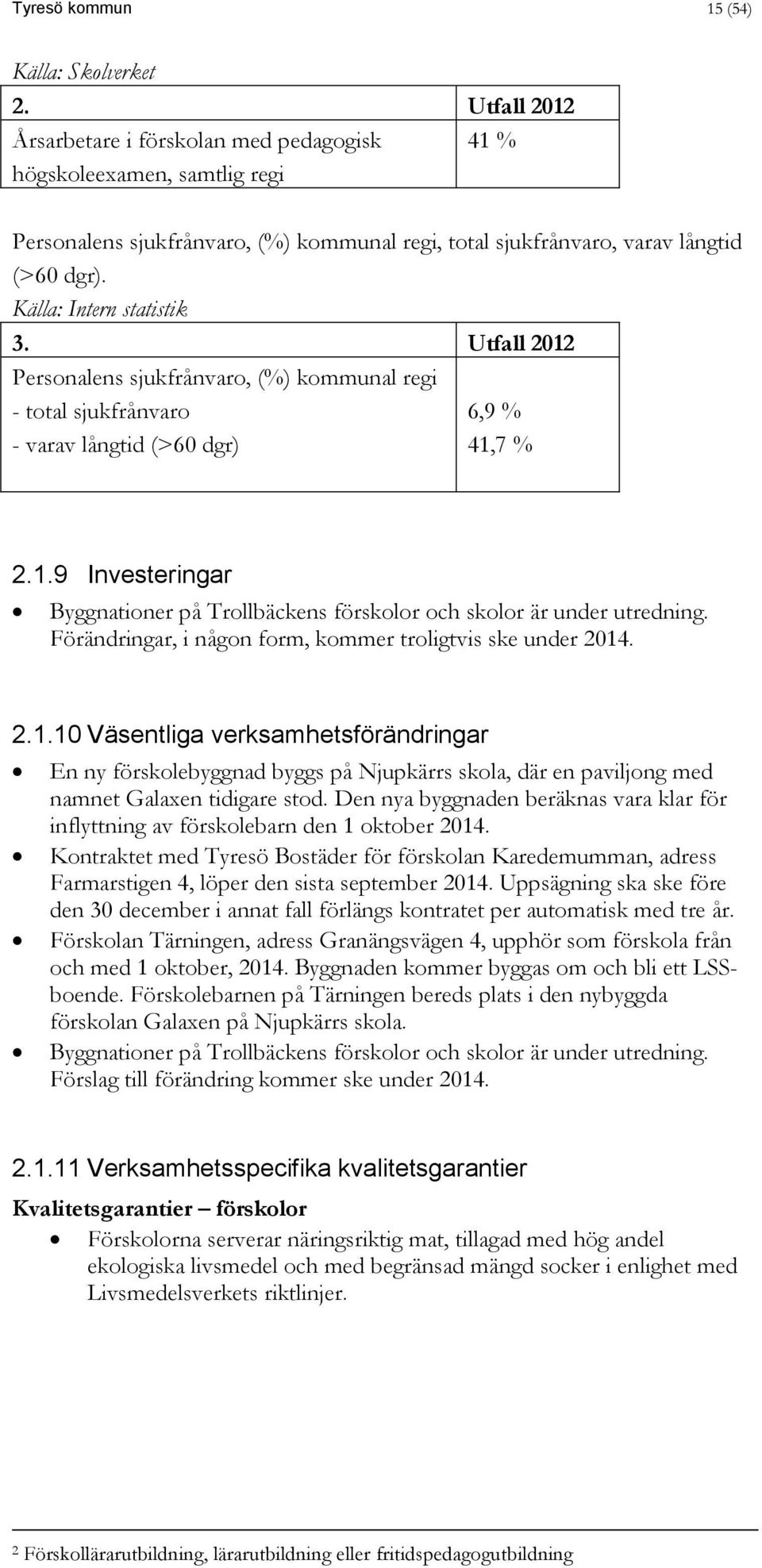 Källa: Intern statistik 3. Utfall 2012 Personalens sjukfrånvaro, (%) kommunal regi - total sjukfrånvaro - varav långtid (>60 dgr) 6,9 % 41,7 % 2.1.9 Investeringar Byggnationer på Trollbäckens förskolor och skolor är under utredning.