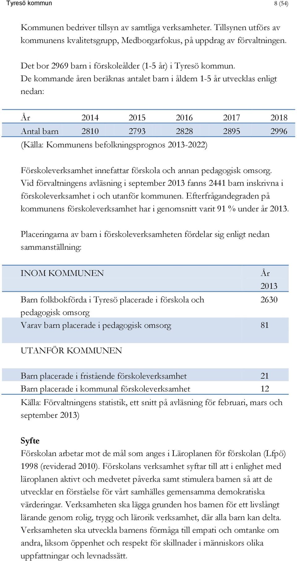 De kommande åren beräknas antalet barn i åldern 1-5 år utvecklas enligt nedan: År 2014 2015 2016 2017 2018 Antal barn 2810 2793 2828 2895 2996 (Källa: Kommunens befolkningsprognos 2013-2022)