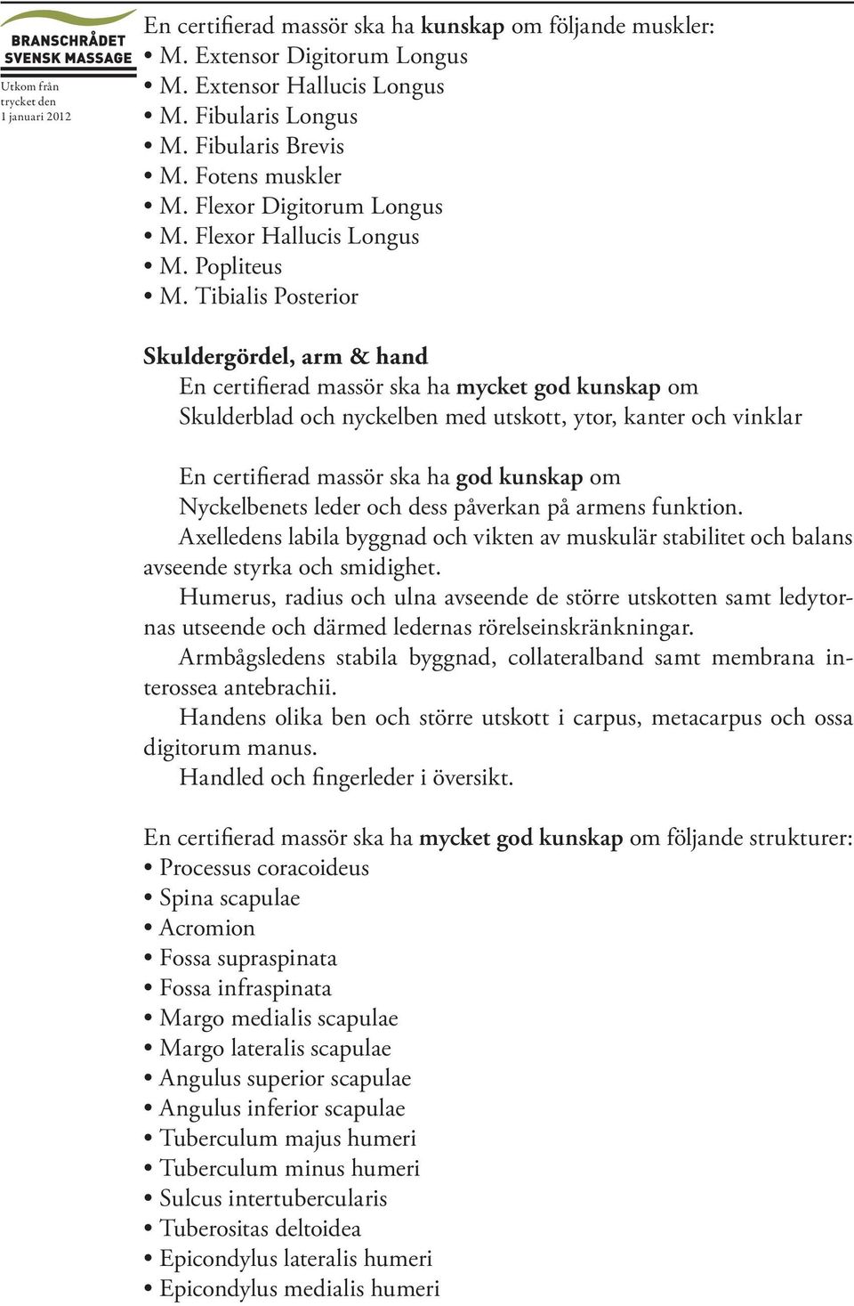 Tibialis Posterior Skuldergördel, arm & hand En certifierad massör ska ha mycket god kunskap om Skulderblad och nyckelben med utskott, ytor, kanter och vinklar En certifierad massör ska ha god