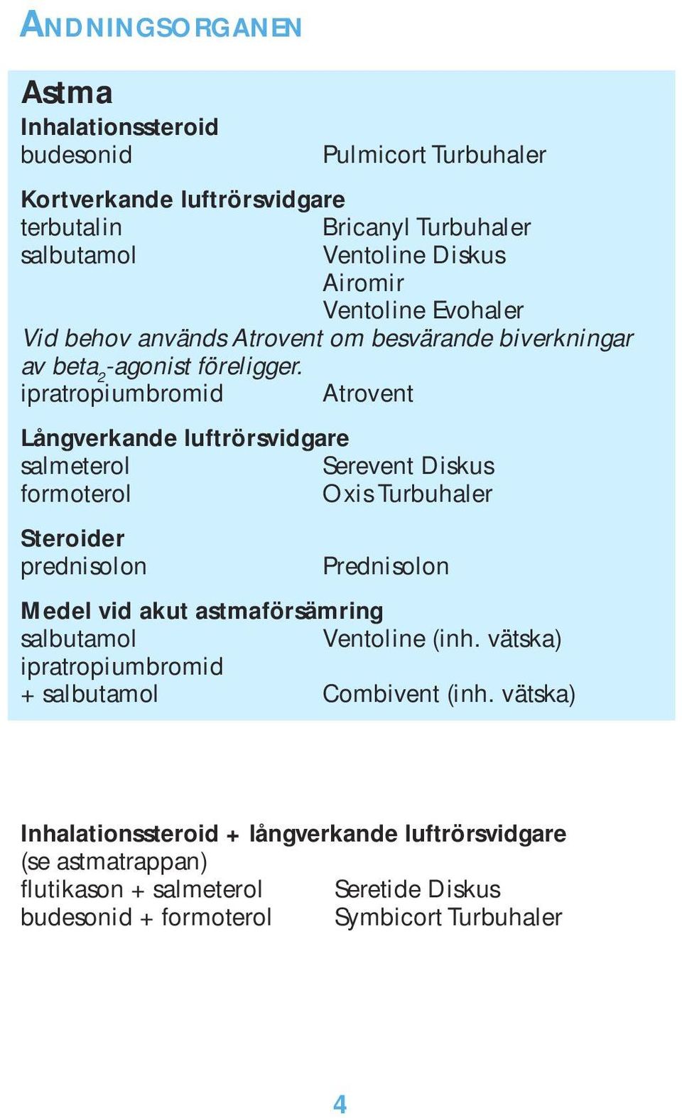 ipratropiumbromid Atrovent Långverkande luftrörsvidgare salmeterol Serevent Diskus formoterol Oxis Turbuhaler Steroider prednisolon Prednisolon Medel vid akut