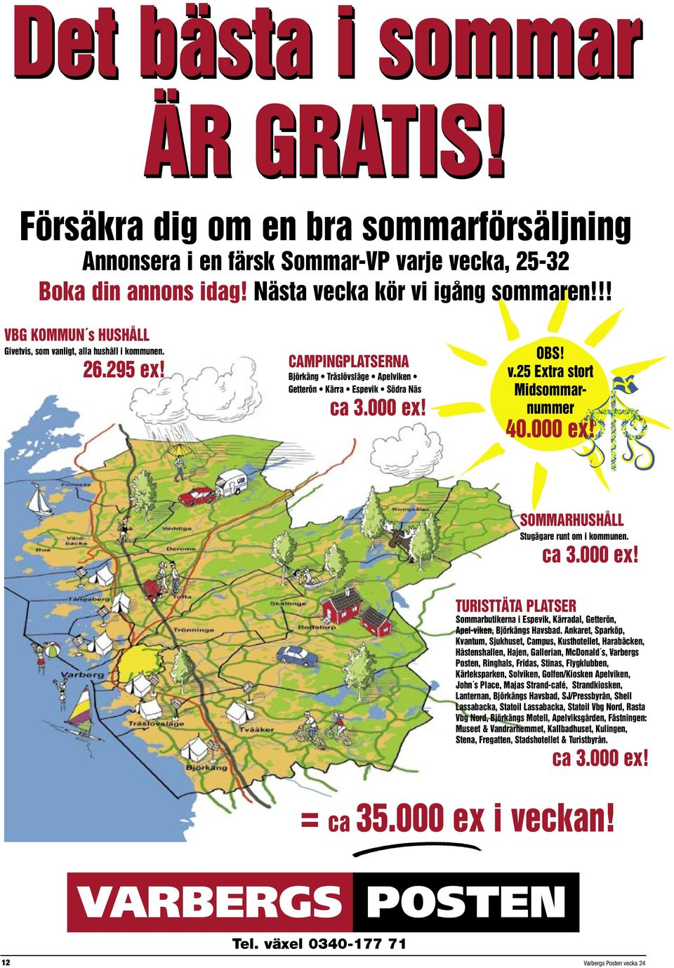 000 ex! SOMMARHUSHÅLL Stugägare runt om i kommunen. ca 3.000 ex! TURISTTÄTA PLATSER Sommarbutikerna i Espevik, Kärradal, Getterön, Apel-viken, Björkängs Havsbad.