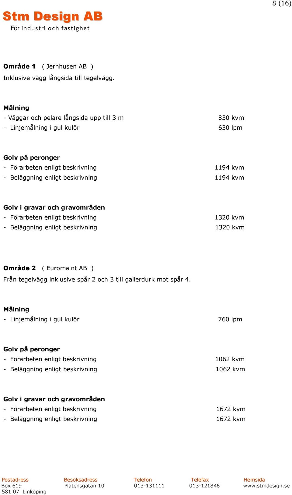 beskrivning 1194 kvm Golv i gravar och gravområden - Förarbeten enligt beskrivning 1320 kvm - Beläggning enligt beskrivning 1320 kvm Område 2 ( Euromaint AB ) Från tegelvägg