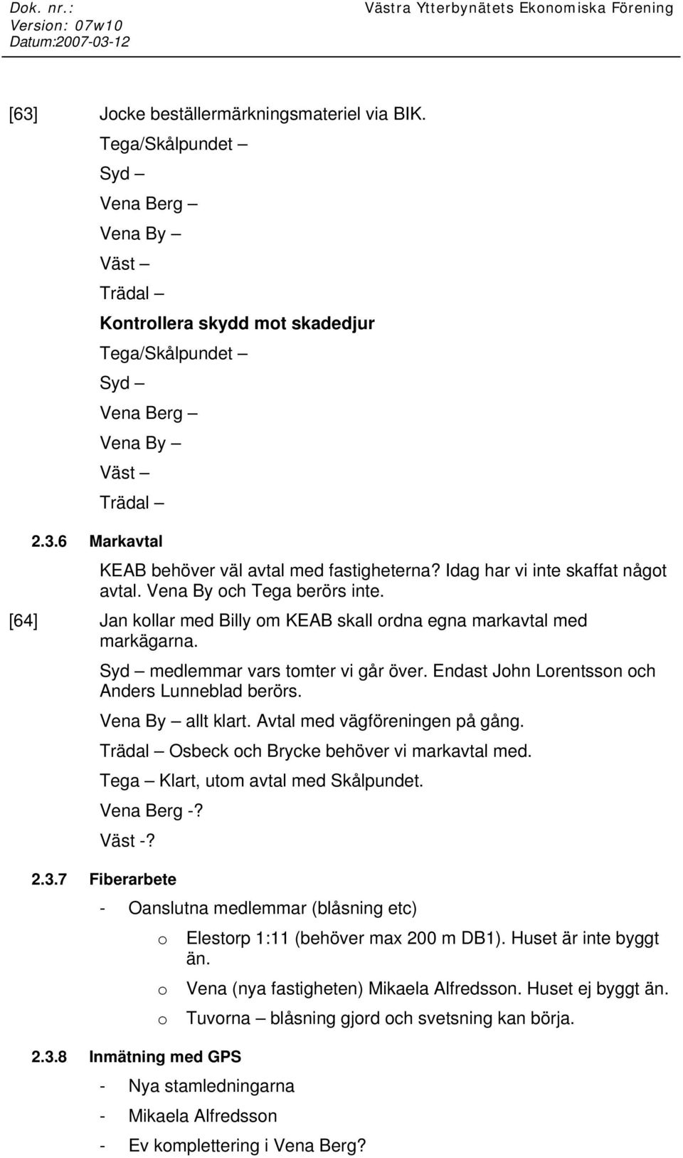 Endast John Lorentsson och Anders Lunneblad berörs. Vena By allt klart. Avtal med vägföreningen på gång. Trädal Osbeck och Brycke behöver vi markavtal med. Tega Klart, utom avtal med Skålpundet.