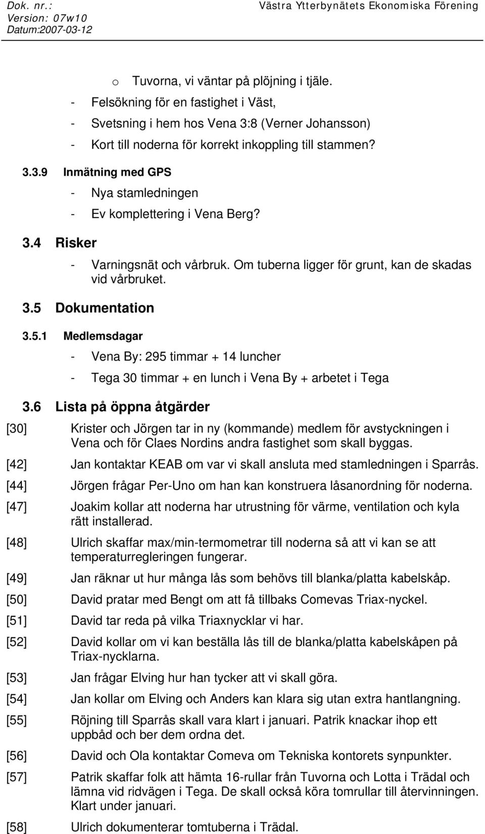 Dokumentation 3.5.1 Medlemsdagar - Vena By: 295 timmar + 14 luncher - Tega 30 timmar + en lunch i Vena By + arbetet i Tega 3.