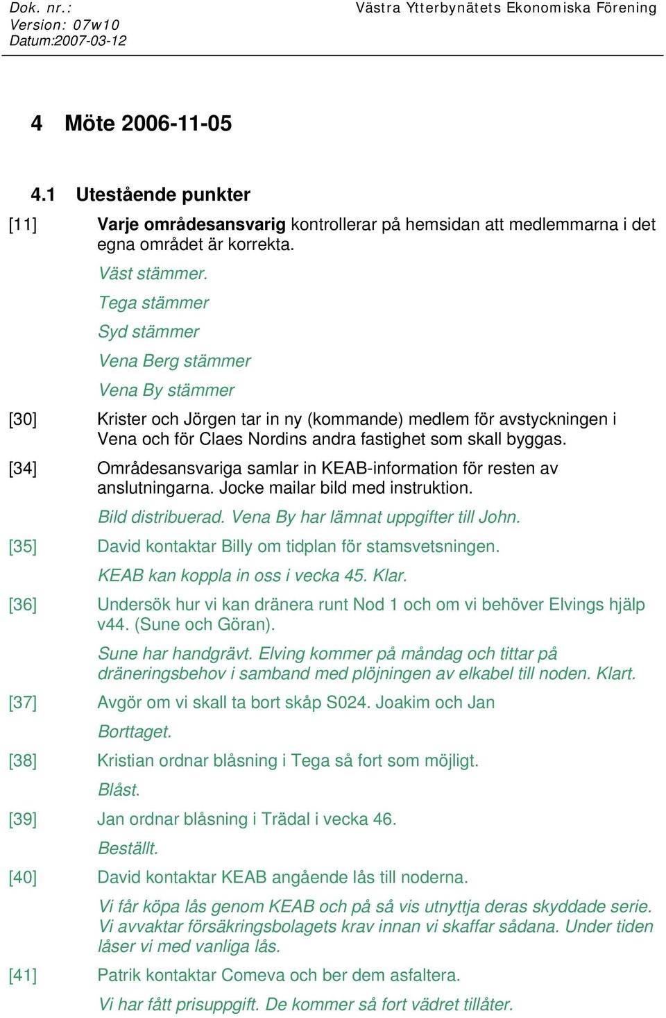 [34] Områdesansvariga samlar in KEAB-information för resten av anslutningarna. Jocke mailar bild med instruktion. Bild distribuerad. Vena By har lämnat uppgifter till John.