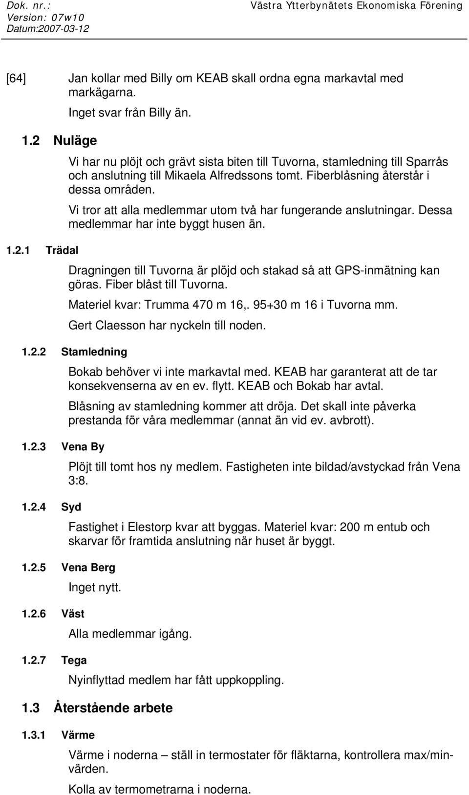 Vi tror att alla medlemmar utom två har fungerande anslutningar. Dessa medlemmar har inte byggt husen än. Dragningen till Tuvorna är plöjd och stakad så att GPS-inmätning kan göras.