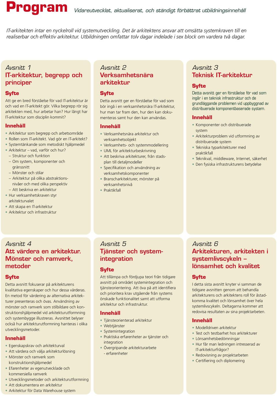 Avsnitt 1 IT-arkitektur, begrepp och principer Att ge en bred förståelse för vad IT-arkitektur är och vad en IT-arkitekt gör. Vilka begrepp rör sig arkitekten med, hur arbetar han?