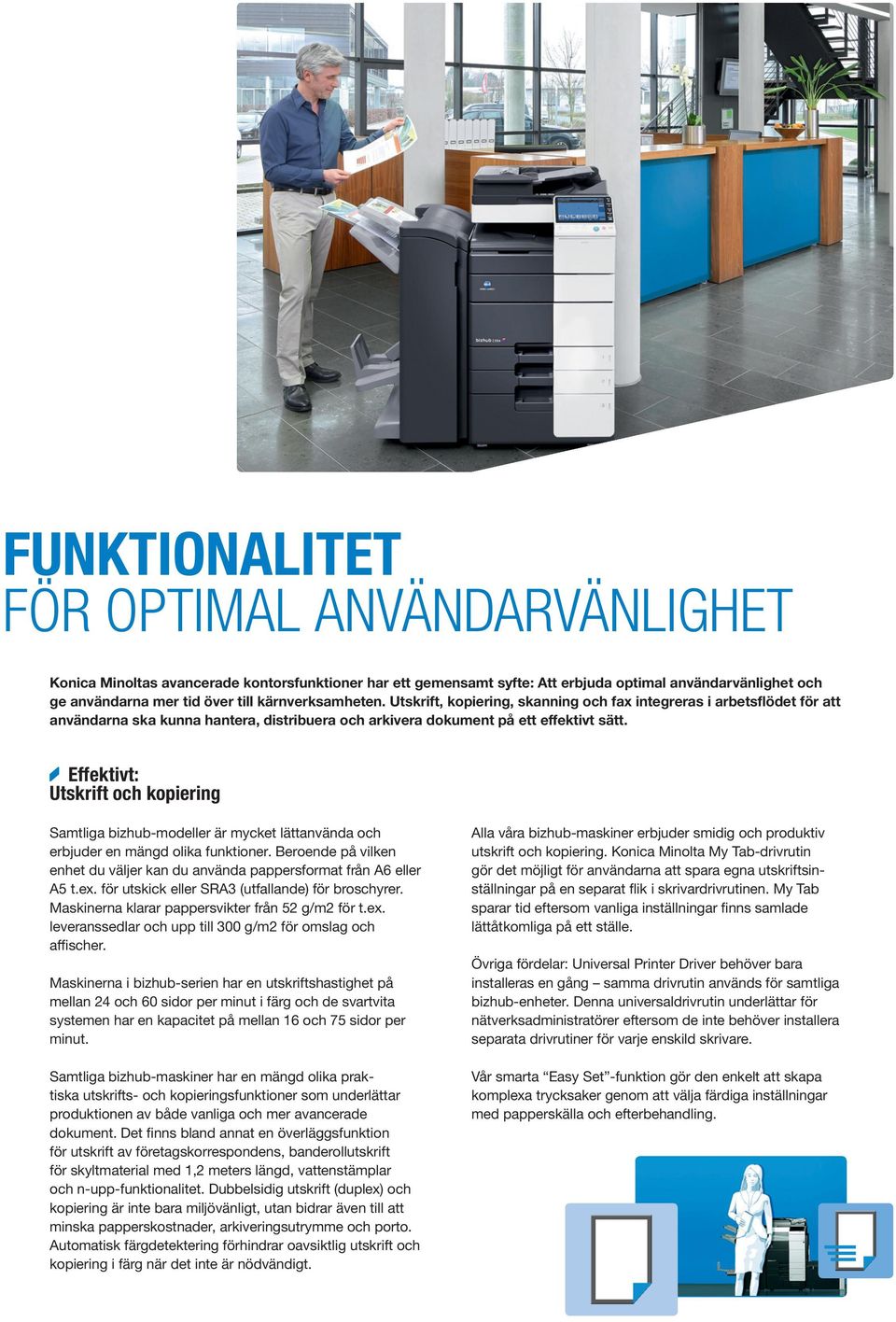 Effektivt: Utskrift och kopiering Samtliga bizhub-modeller är mycket lättanvända och erbjuder en mängd olika funktioner.