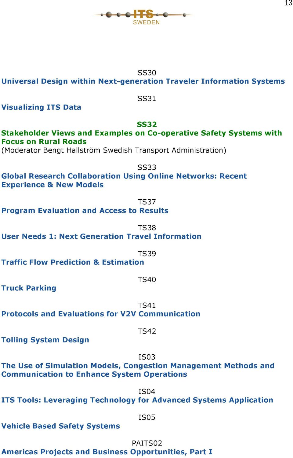 TS38 User Needs 1: Next Generation Travel Information TS39 Traffic Flow Prediction & Estimation Truck Parking TS40 TS41 Protocols and Evaluations for V2V Communication Tolling System Design TS42 IS03