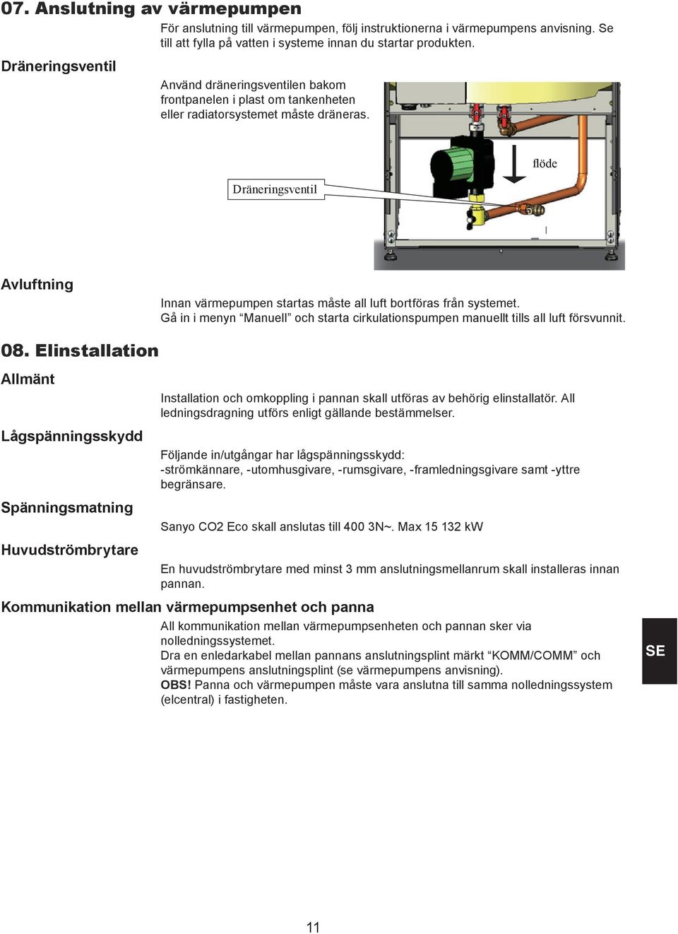 Dräneringsventil flöde Avluftning Innan värmepumpen startas måste all luft bortföras från systemet. Gå in i menyn Manuell och starta cirkulationspumpen manuellt tills all luft försvunnit. 08.