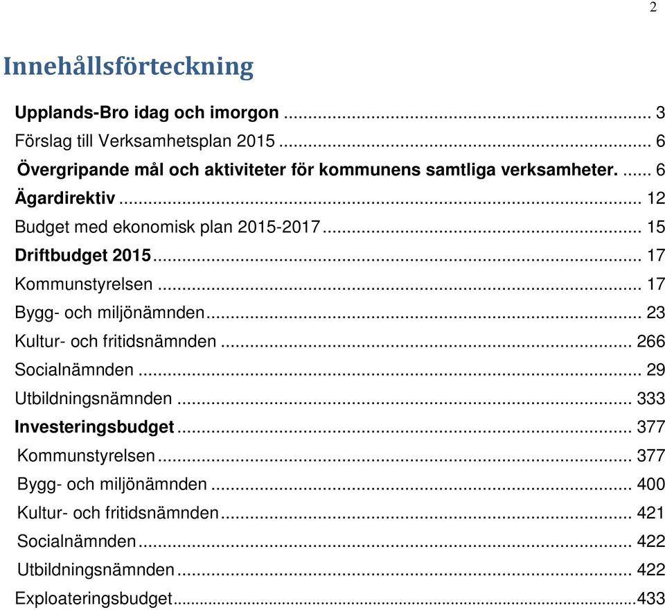 .. 15 Driftbudget 2015... 17 Kommunstyrelsen... 17 Bygg- och miljönämnden... 23 Kultur- och fritidsnämnden... 266 Socialnämnden.