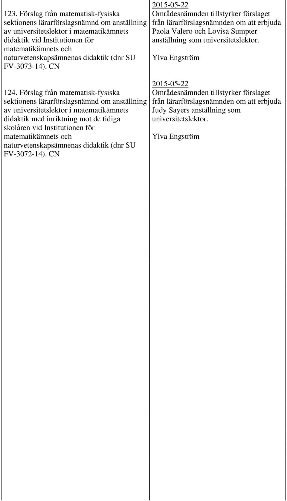 Förslag från matematisk-fysiska sektionens lärarförslagsnämnd om anställning av universitetslektor i matematikämnets didaktik med inriktning mot de tidiga skolåren vid Institutionen för