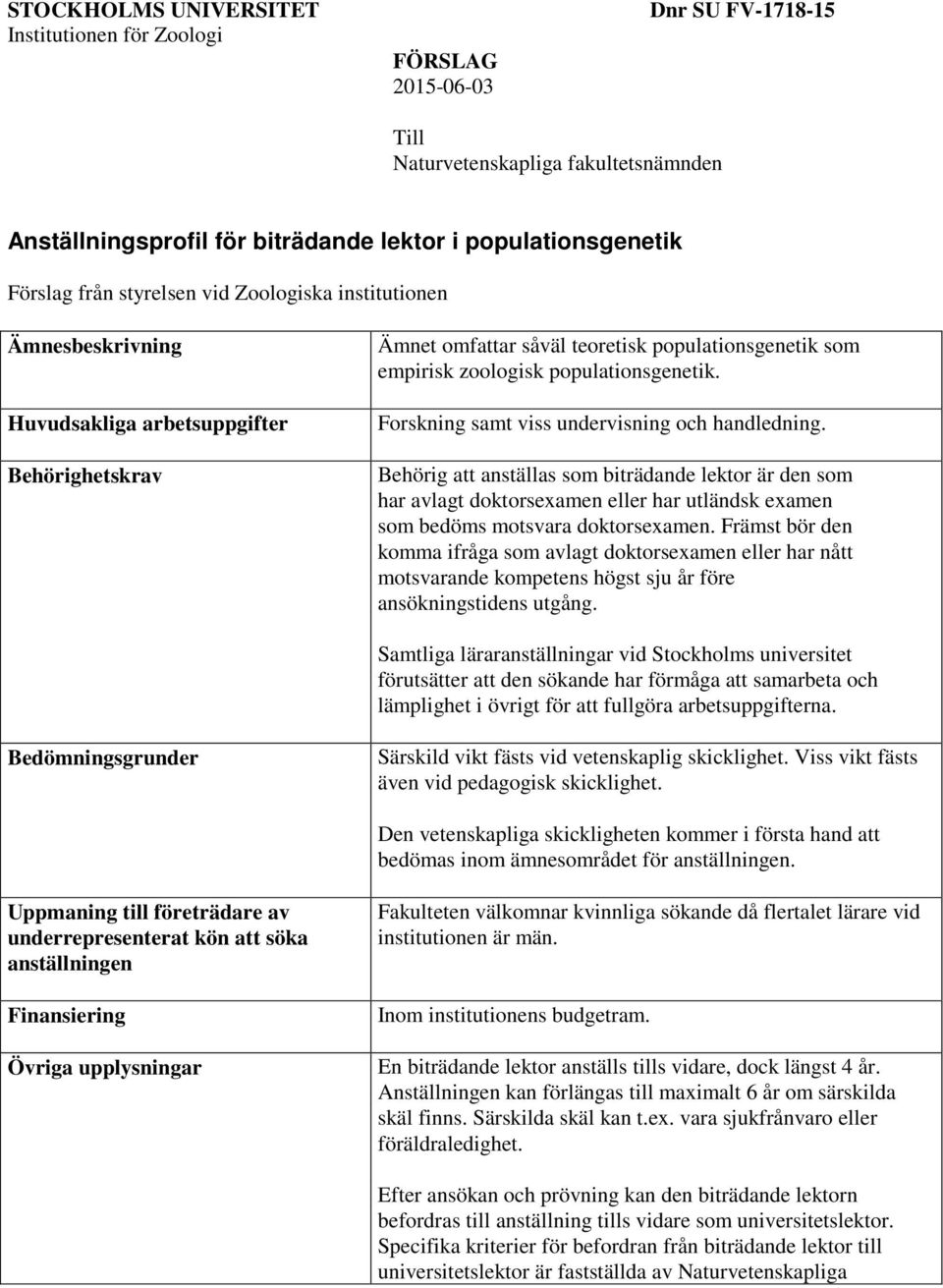 Forskning samt viss undervisning och handledning. Behörig att anställas som biträdande lektor är den som har avlagt doktorsexamen eller har utländsk examen som bedöms motsvara doktorsexamen.