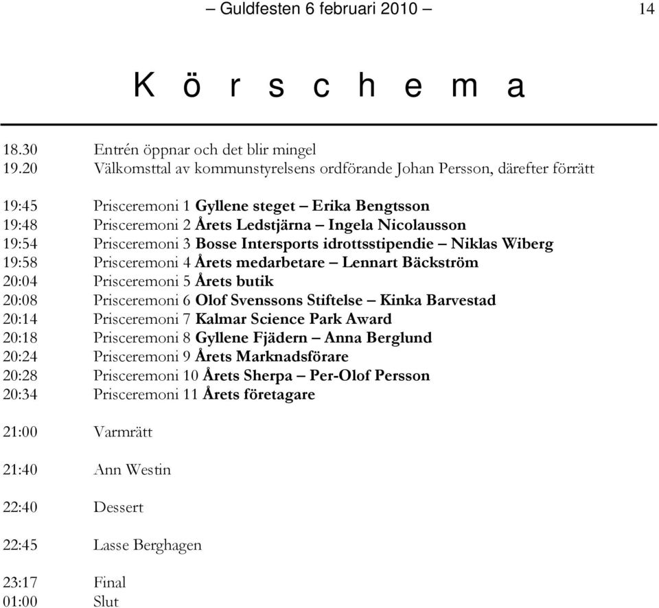 Prisceremoni 3 Bosse Intersports idrottsstipendie Niklas Wiberg 19:58 Prisceremoni 4 Årets medarbetare Lennart Bäckström 20:04 Prisceremoni 5 Årets butik 20:08 Prisceremoni 6 Olof Svenssons Stiftelse