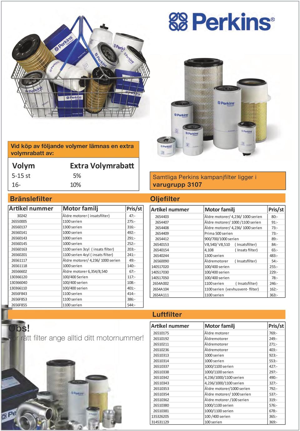 serien 4cyl ( insats filter) 241:- 26561117 Äldre motorer/ 4,236/ 1000 serien 49:- 26561118 1000 serien 140:- 26566602 Äldre motorer 6,354/8,540 67:- 130366120 100/400 Serien 117:- 130366040 100/400