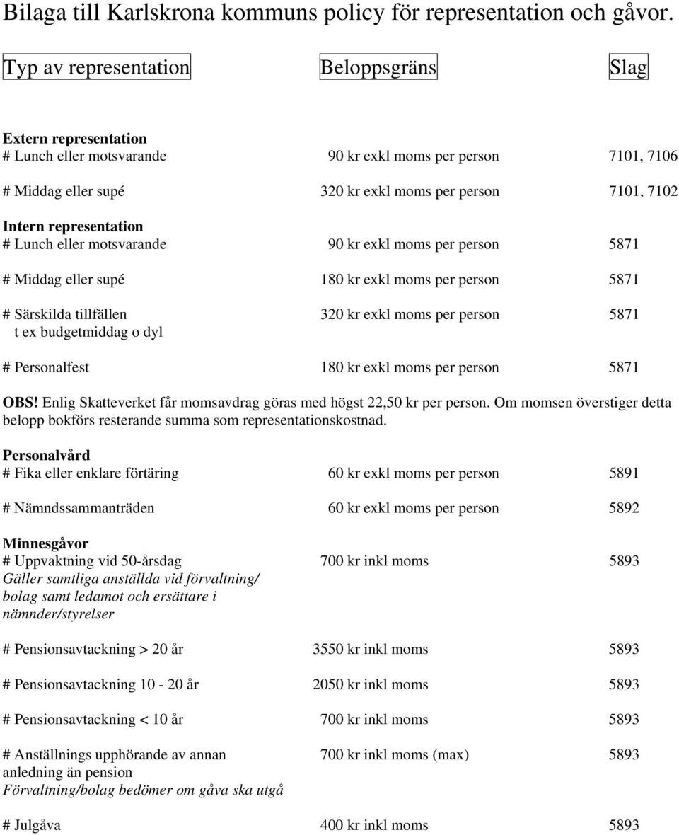 representation # Lunch eller motsvarande 90 kr exkl moms per person 5871 # Middag eller supé 180 kr exkl moms per person 5871 # Särskilda tillfällen 320 kr exkl moms per person 5871 t ex budgetmiddag
