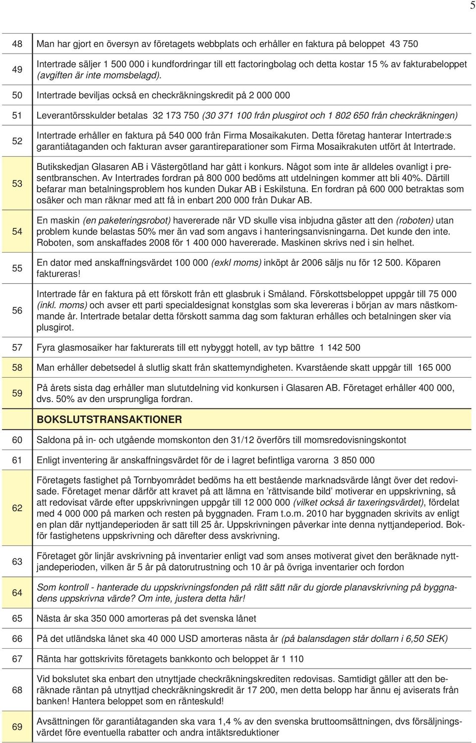 50 Intertrade beviljas också en checkräkningskredit på 2 000 000 51 Leverantörsskulder betalas 32 173 750 (30 371 100 från plusgirot och 1 802 650 från checkräkningen) 52 53 54 55 56 Intertrade