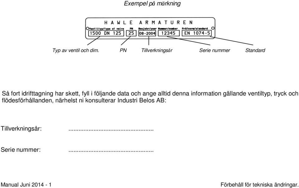 följande data och ange alltid denna information gällande ventiltyp, tryck och