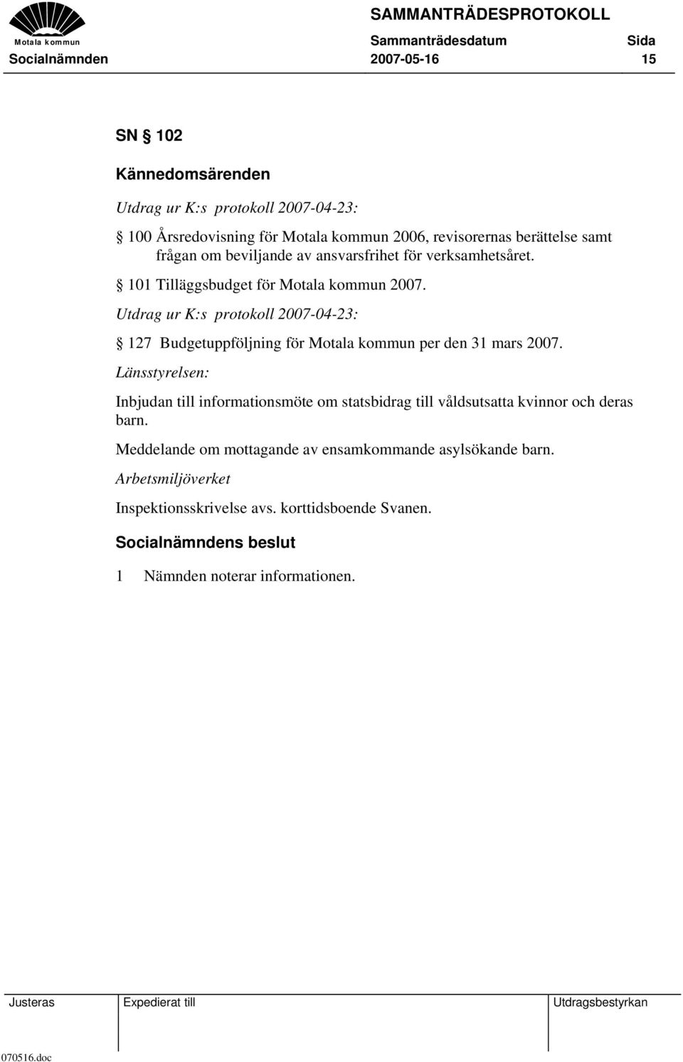 Utdrag ur K:s protokoll 2007-04-23: 127 Budgetuppföljning för Motala kommun per den 31 mars 2007.