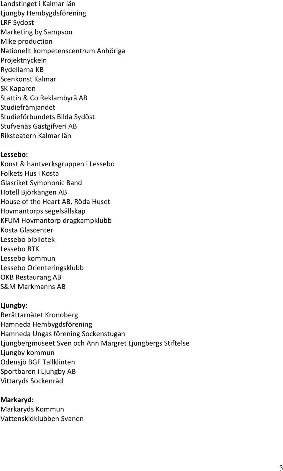 Band Hotell Björkängen AB House of the Heart AB, Röda Huset Hovmantorps segelsällskap KFUM Hovmantorp dragkampklubb Kosta Glascenter Lessebo bibliotek Lessebo BTK Lessebo kommun Lessebo