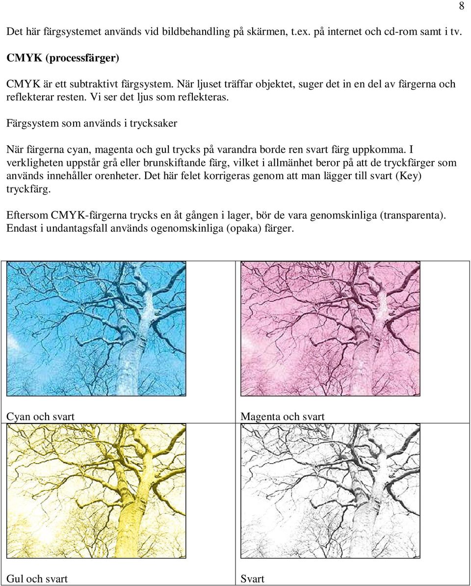 Färgsystem som används i trycksaker När färgerna cyan, magenta och gul trycks på varandra borde ren svart färg uppkomma.