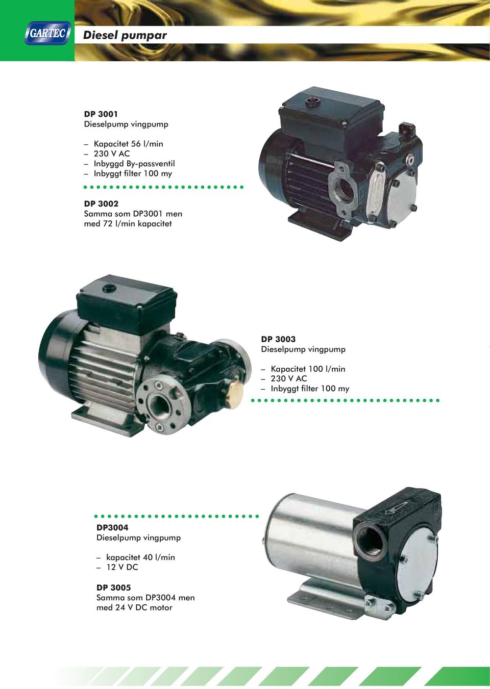 kapacitet DP 3003 Dieselpump vingpump Kapacitet 100 l/min 230 V AC Inbyggt filter 100