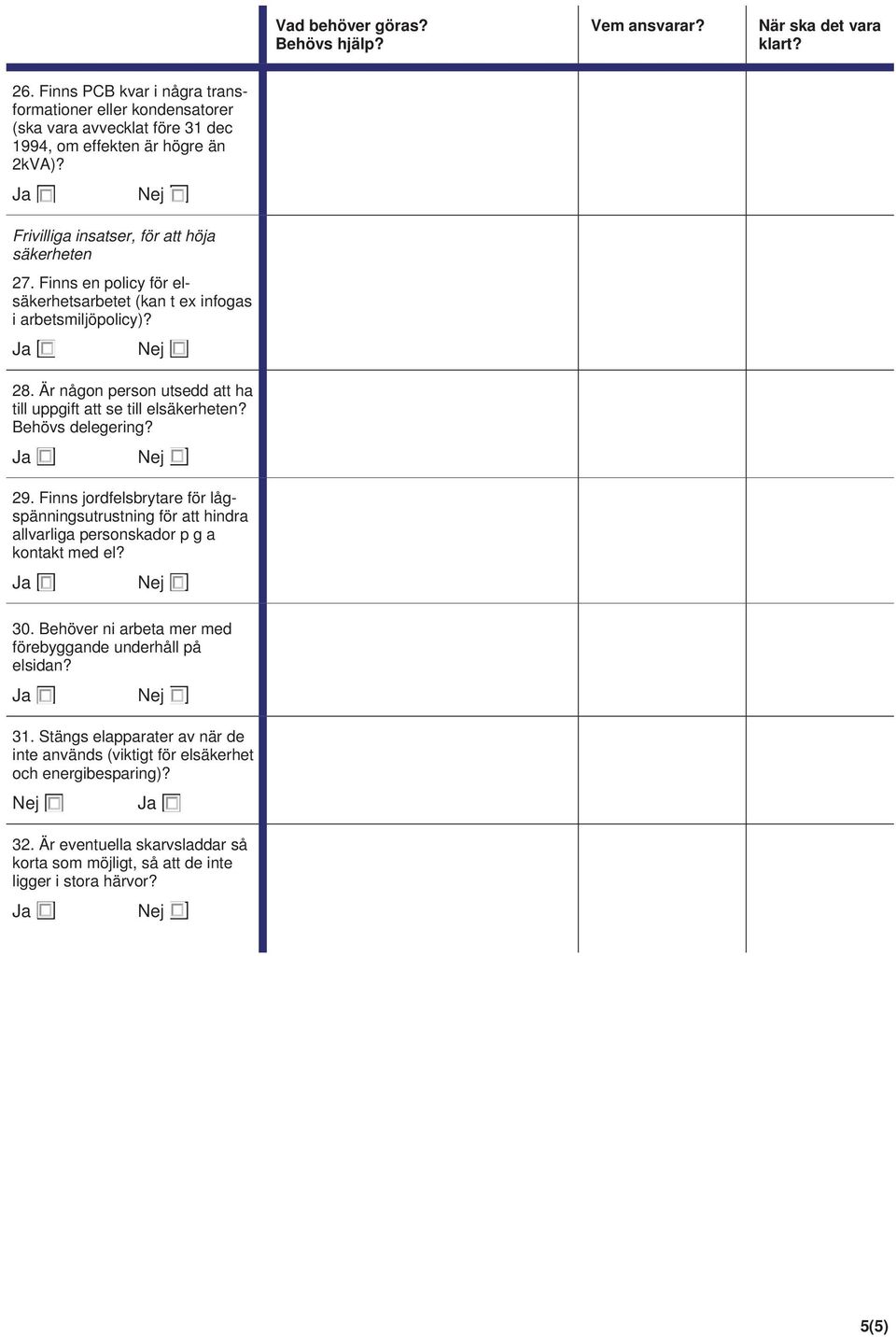 Är någon person utsedd att ha till uppgift att se till elsäkerheten? Behövs delegering? 29.