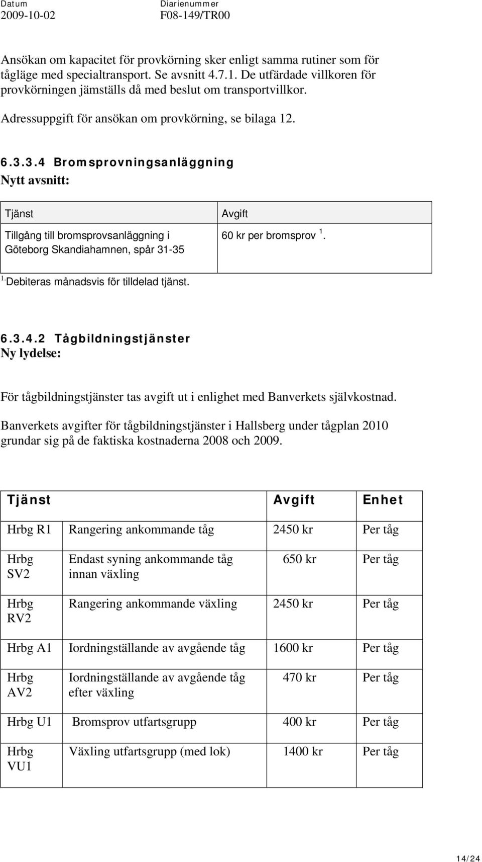 3.4 Bromsprovningsanläggning Nytt avsnitt: Tjänst Tillgång till bromsprovsanläggning i Göteborg Skandiahamnen, spår 31-35 Avgift 60 kr per bromsprov 1. 1. Debiteras månadsvis för tilldelad tjänst. 6.3.4.2 Tågbildningstjänster För tågbildningstjänster tas avgift ut i enlighet med Banverkets självkostnad.