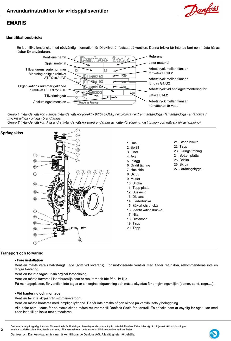 Liner material Arbetstryck mellan flänsar för vätska L1/L2 Arbetstryck mellan flänsar för gas G1/G2 Arbetstryck vid ändlägestmontering för vätska L1/L2 Arbetstryck mellan flänsar när vätskan är